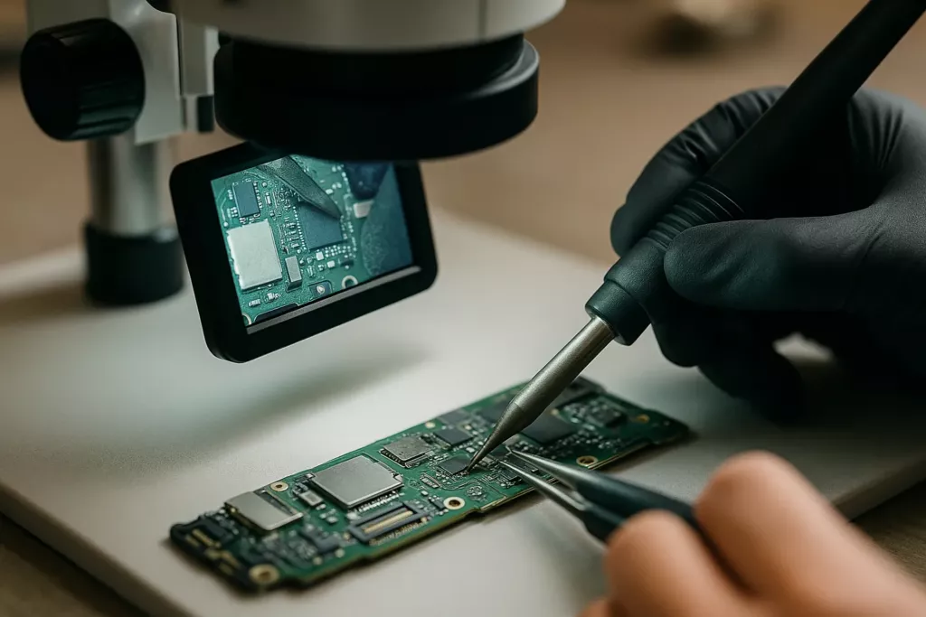 Microsoudure d’une carte mère de smartphone sous microscope par un technicien SEMTarn dans le Tarn.
